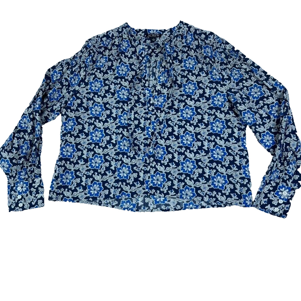 J.Crew Top Womens Large Blue Floral V-neck Tie Dobby